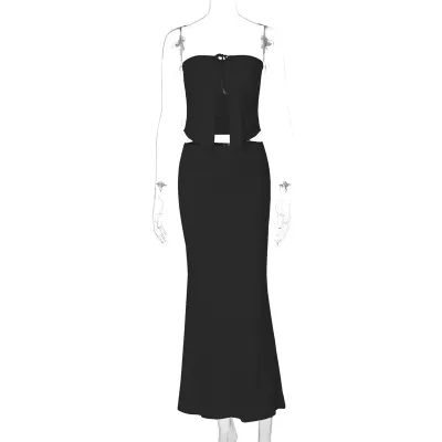 Women Sexy Solid Color Strapless Top And Skirt Two-Piece Set