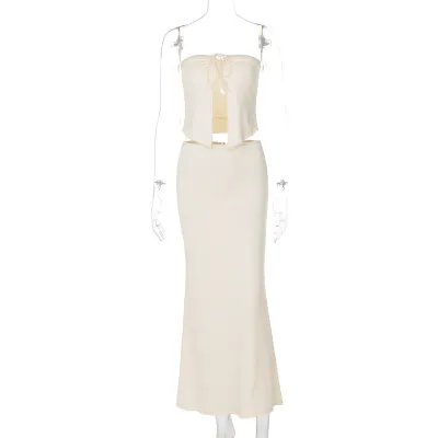 Women Sexy Solid Color Strapless Top And Skirt Two-Piece Set