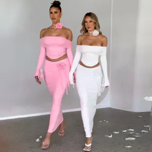 Women Sexy Off-Shoulder Long-Sleeved Top And Skirt Two-Piece Set In Solid Color