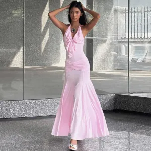 Women Elegant Solid Color Ruffled Neck Backless Bodycon Maxi Dress
