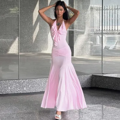 Women Elegant Solid Color Ruffled Neck Backless Bodycon Maxi Dress