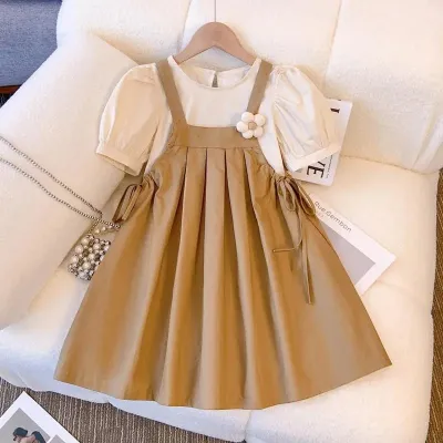 Kids Toddler Big Girls Casual Solid Color Short Sleeve T-Shirt Strap Dress Set