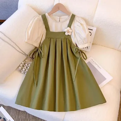 Kids Toddler Big Girls Casual Solid Color Short Sleeve T-Shirt Strap Dress Set