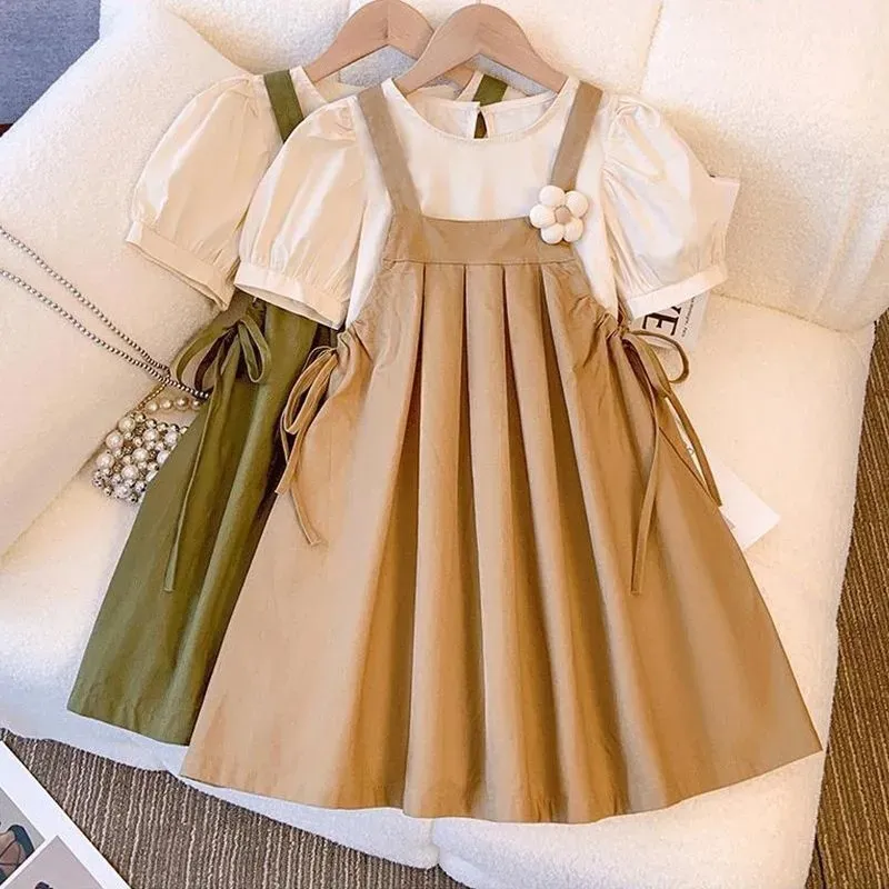 Kids Toddler Big Girls Casual Solid Color Short Sleeve T-Shirt Strap Dress Set