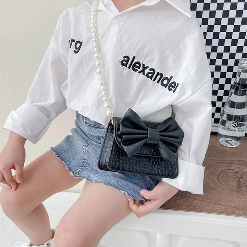 Kids Girls Fashion Casual Bow Pearl Chain Crossbody Bag