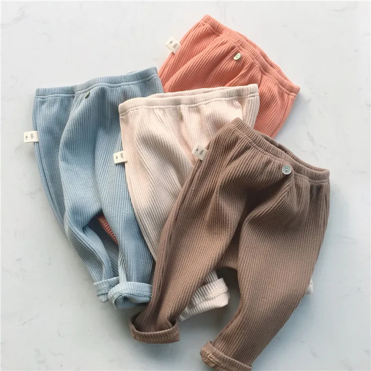 Kids Baby Boys Girls Casual Cute Solid Color Rib-Knit Leggings Pants Long Mid-Waist Cotton 95% Basic