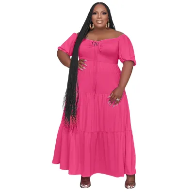 Summer Women Casual Loose Solid Color Short Sleeve Plus Size Dress