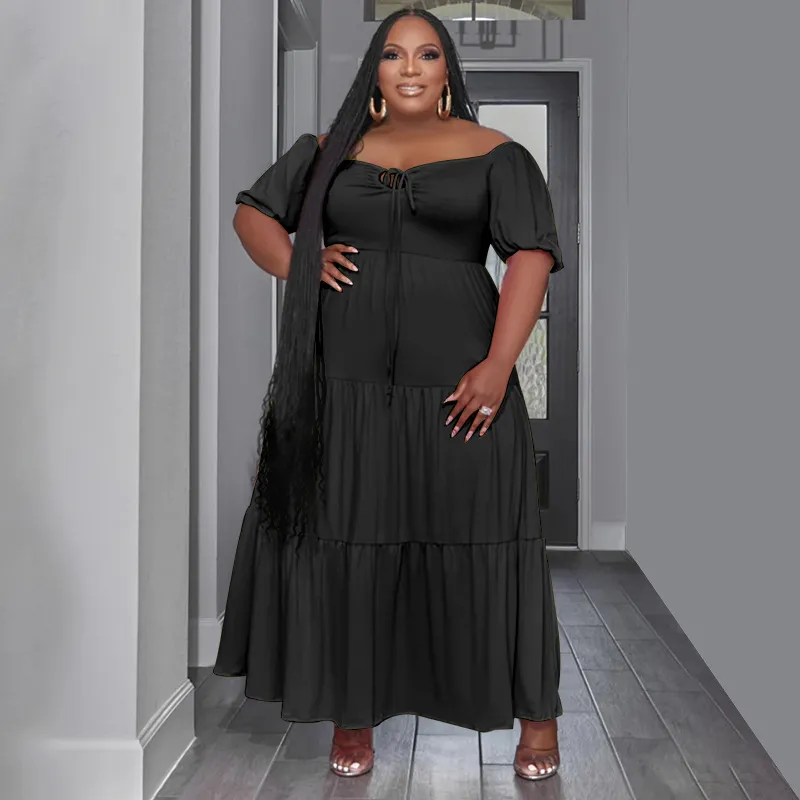 Summer Women Casual Loose Solid Color Short Sleeve Plus Size Dress