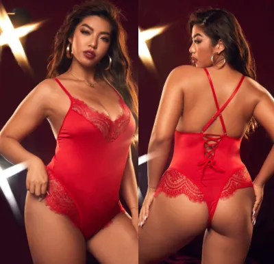 Women Plus Size Sexy Deep V Lace Sling Cross Strap Lingerie Bodysuits