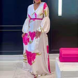 Women Casual V-Neck Floral Printing Long Sleeve Loose Multi-Layer Stitching Maxi Dress