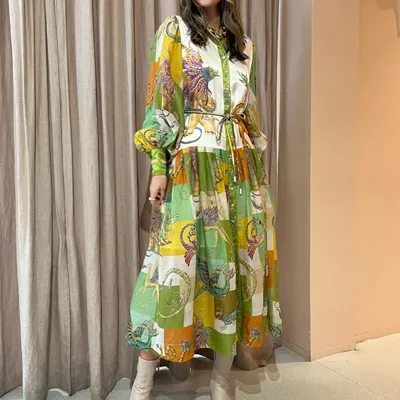 Women Fashion Casual Fruit Floral Printed V-Neck Lantern Sleeve Midi Dress