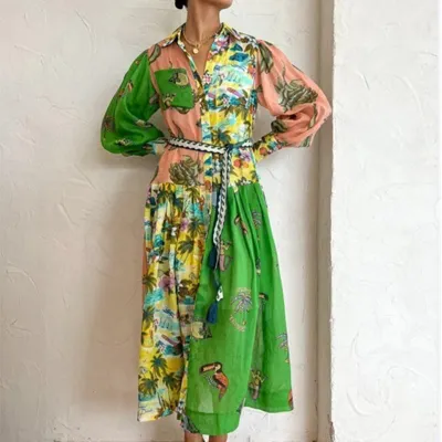 Women Fashion Casual Fruit Floral Printed V-Neck Lantern Sleeve Midi Dress