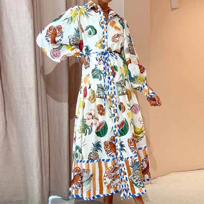 Women Fashion Casual Fruit Floral Printed V-Neck Lantern Sleeve Midi Dress