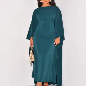 Women Loose Casual Long Sleeve Maxi Dress Solid Color Horn Sleeve Round Neck