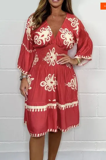 Summer Women Casual V-Neck Graphic Printing Midi Dress