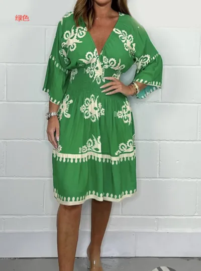 Summer Women Casual V-Neck Graphic Printing Midi Dress