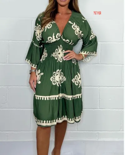 Summer Women Casual V-Neck Graphic Printing Midi Dress