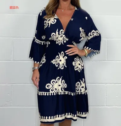 Summer Women Casual V-Neck Graphic Printing Midi Dress