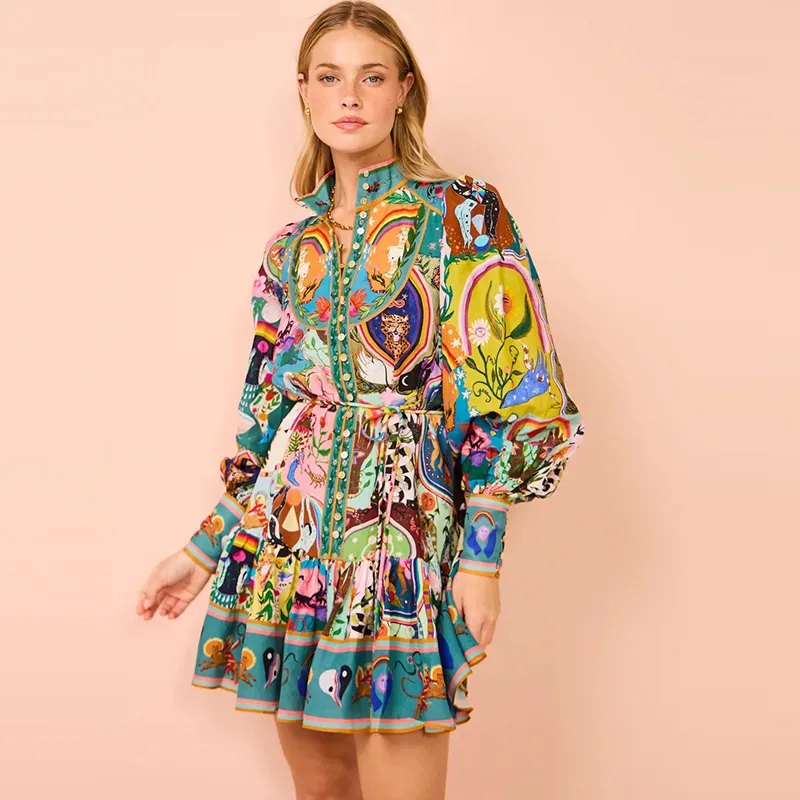 Women Fashion Floral Animal Graphic Printing Long Sleeve Midi Dress