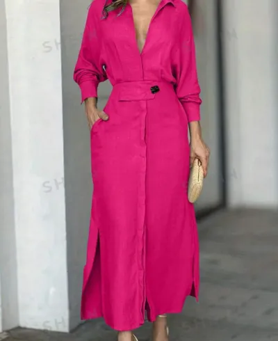 Women Casual Elegant V-Neck Long Sleeve Split Maxi Dress
