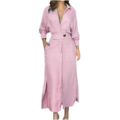 Women Casual Elegant V-Neck Long Sleeve Split Maxi Dress