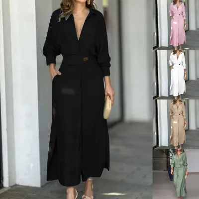 Women Casual Elegant V-Neck Long Sleeve Split Maxi Dress