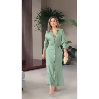 Women Casual Elegant V-Neck Long Sleeve Split Maxi Dress