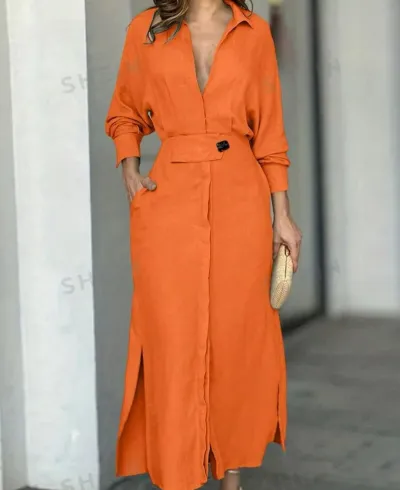 Women Casual Elegant V-Neck Long Sleeve Split Maxi Dress