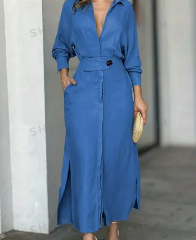 Women Casual Elegant V-Neck Long Sleeve Split Maxi Dress