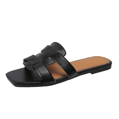 Women's Plus Size Woven Hollow Square Toe Flat Slippers Summer Casual