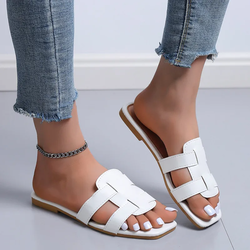 Women's Plus Size Woven Hollow Square Toe Flat Slippers Summer Casual