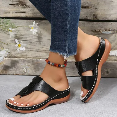 Summer Women Casual Plus Size Leopard Studded Wedge Heel Flip-Flop Slippers