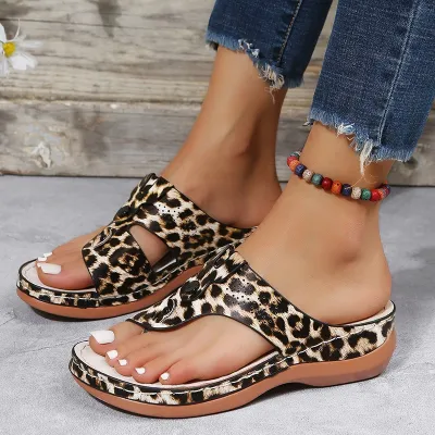 Summer Women Casual Plus Size Leopard Studded Wedge Heel Flip-Flop Slippers
