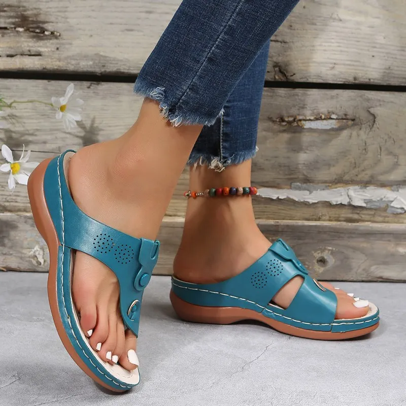 Summer Women Casual Plus Size Leopard Studded Wedge Heel Flip-Flop Slippers