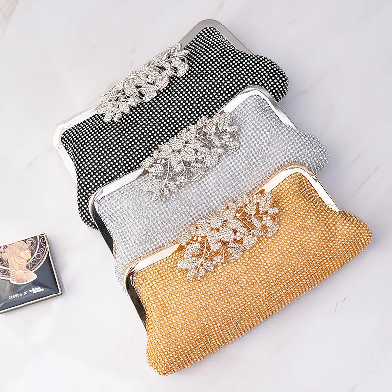 Women Fashion Floral Rhinestone Chain Evening Bag Soft