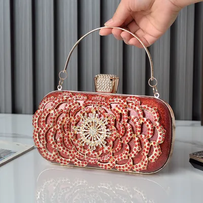 Women Fashion Floral Rhinestone Square Handle Evening Bag