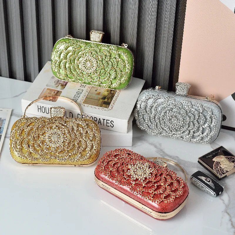 Women Fashion Floral Rhinestone Square Handle Evening Bag