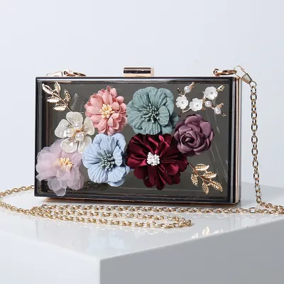 Women's Creative 3D Floral Square Acrylic Chain Evening Bag