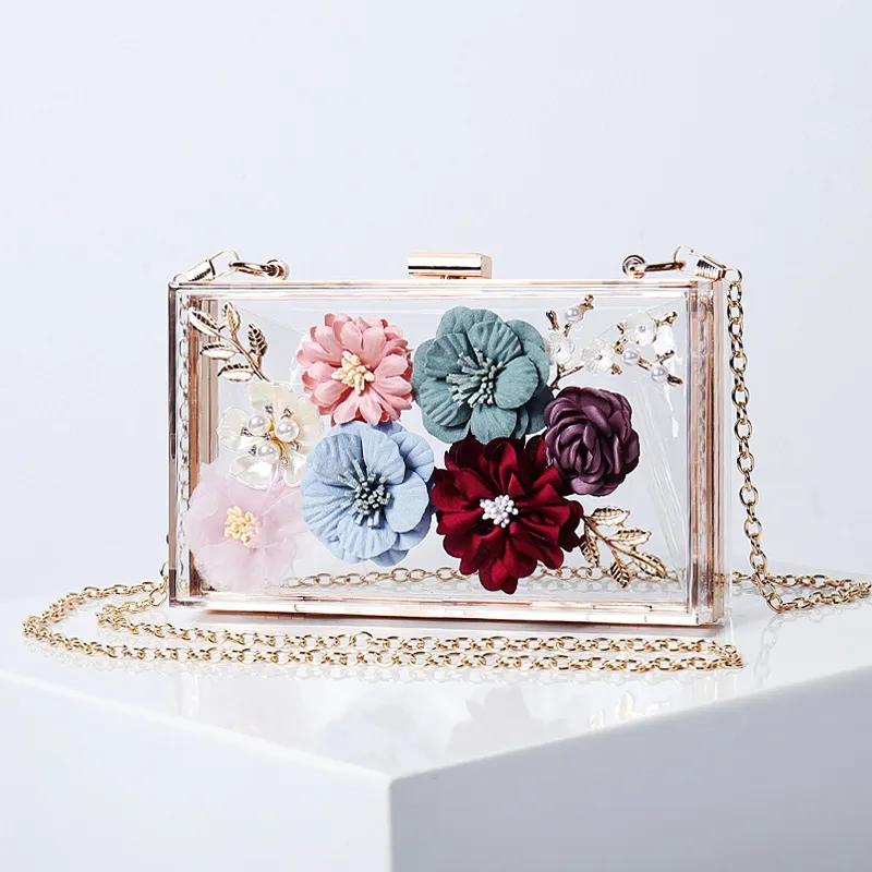 Women's Creative 3D Floral Square Acrylic Chain Evening Bag