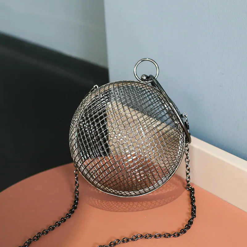 Women Fashion Creative Metal Ball Shape Chain Dinner Clutch Evening Bag