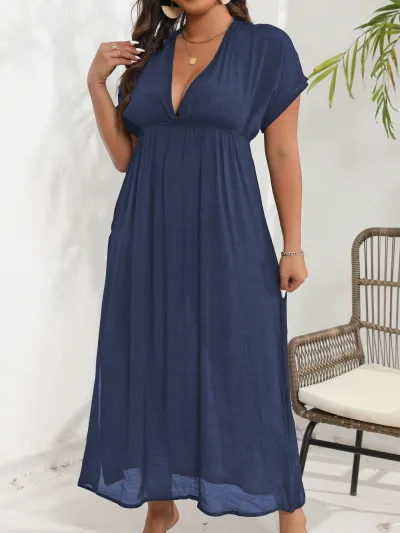 Summer Women Casual Plus Size Deep V Backless Split Bikini Swimsuit Cover-Ups