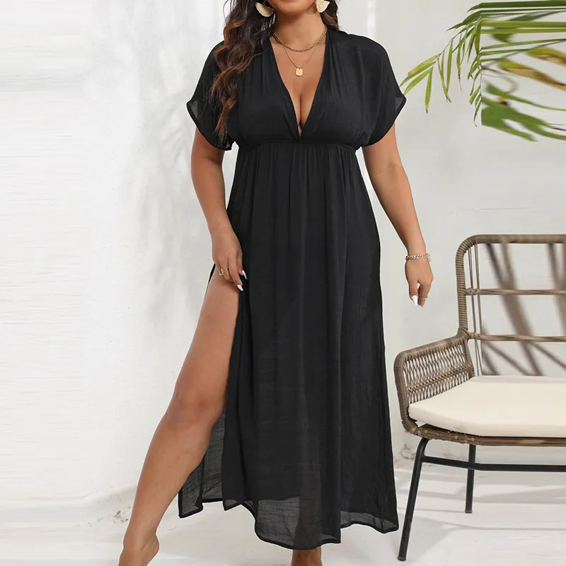 Summer Women Casual Plus Size Deep V Backless Split Bikini Swimsuit Cover-Ups
