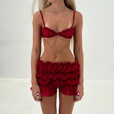 Summer Women Fashion Sexy Solid Color Creased Lace Camisole Skirt Shorts Two-Piece Set