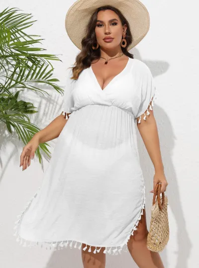Women Plus Size Casual Beach Vacation V-Neck Tassel Bikini Cover-Ups