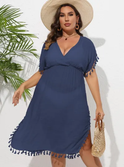 Women Plus Size Casual Beach Vacation V-Neck Tassel Bikini Cover-Ups