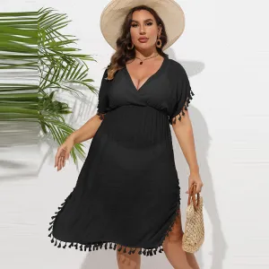 Women Plus Size Casual Beach Vacation V-Neck Tassel Bikini Cover-Ups