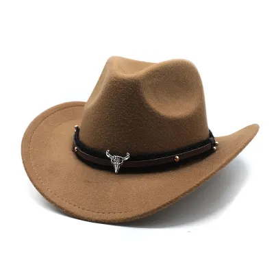Men Fashionable Simple Metal Bullhead Label Western Cowboy Hat