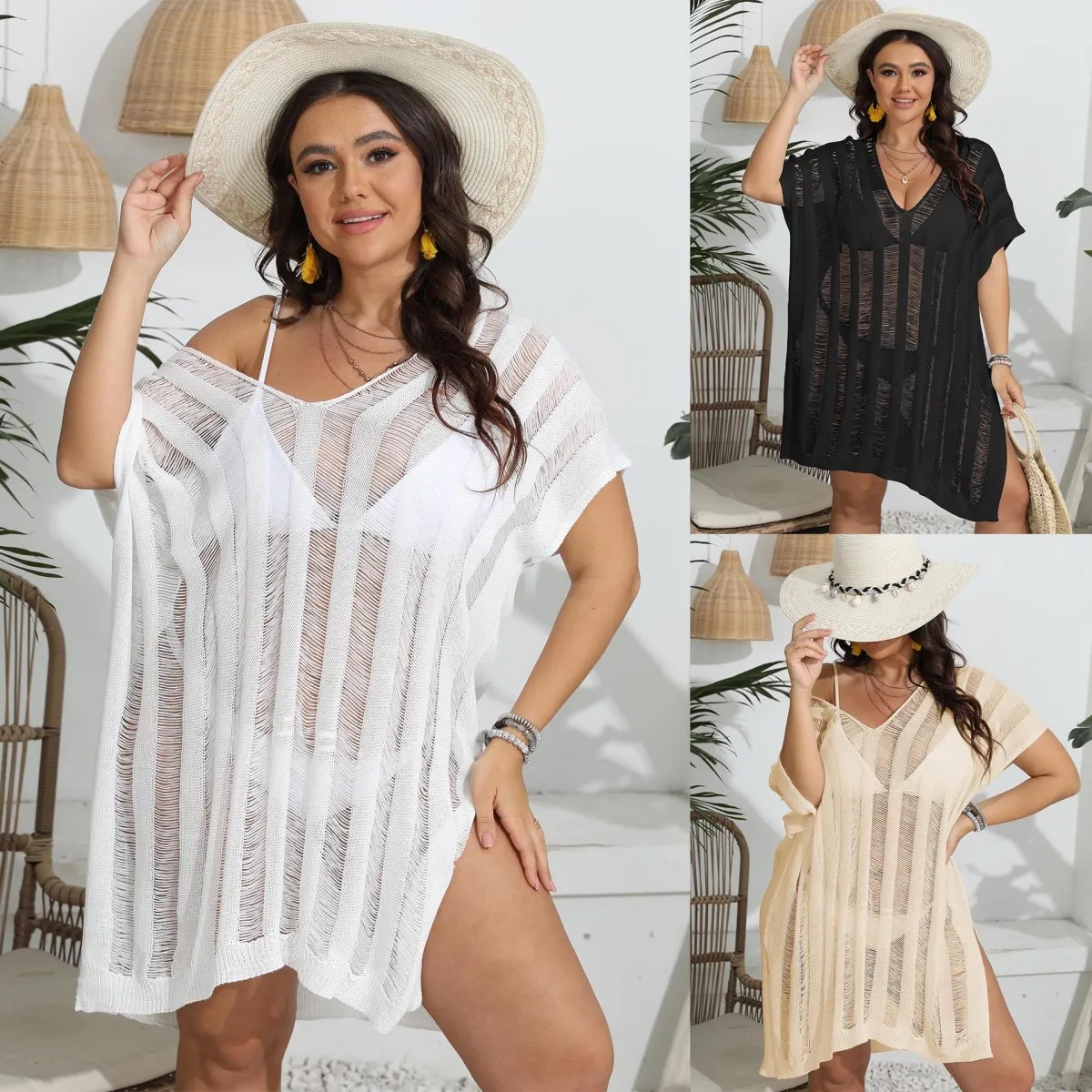 Women Plus Size Sexy V-Neck Knitted See-Through Split Bikini Swimsuit Cover-Up One Size