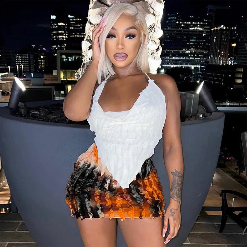 Women Fashion Sexy Deep V Camisole Two-Piece Tie-Dye Printed Skirt Set