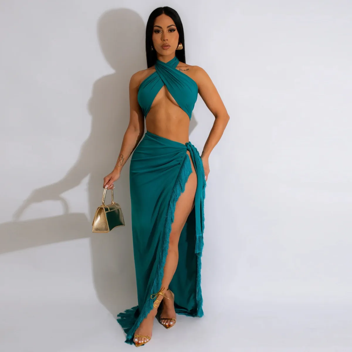 Women Sexy Halter Neck Wrap Top Tassel Split Skirt Two-Piece Set